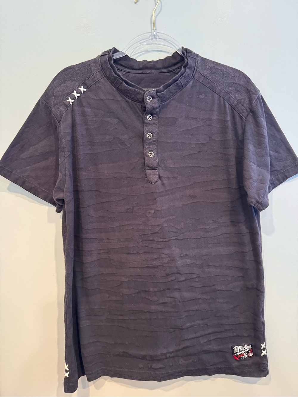 Affliction Lava Wash Burnout Texture Cross Stitch Henley